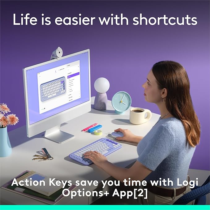 Logitech POP ICON Keys Wireless Bluetooth Keyboard, Comfortable Typing, Programmable Keys, Easy-Switch Between up to 3 Devices, for Laptop, Tablet, PC – Lilac and Off-White