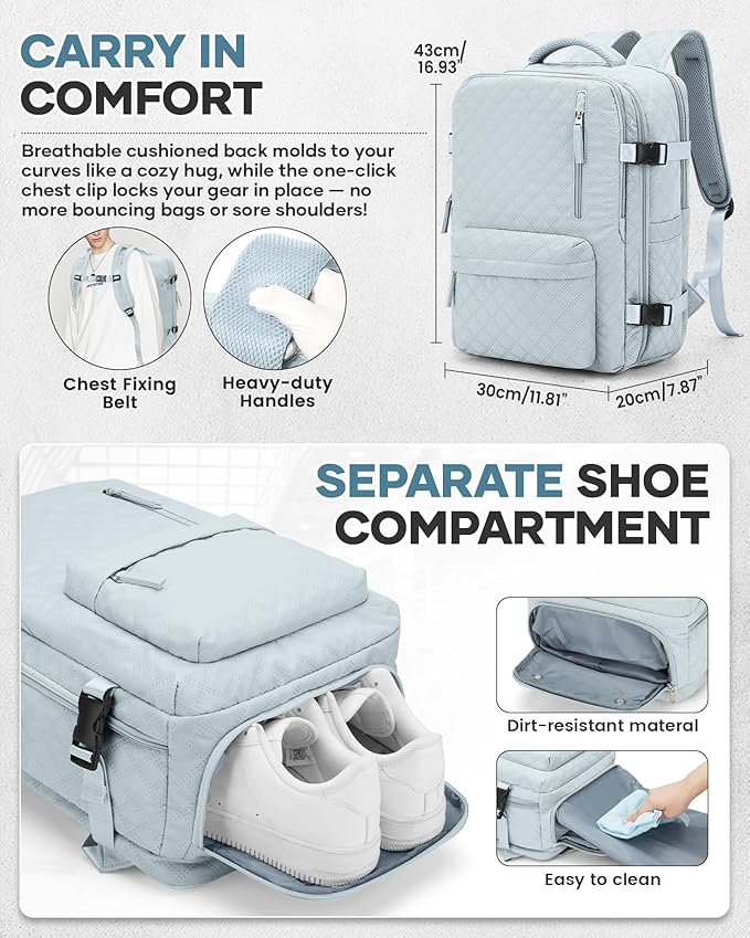 Vacuum Travel Backpack with Pump for Women,Personal Item Carry on Backpacks Flight Approved 18x14x8 inches for Men,Laptop Waterproof Work Compression bags Casual Daypack Blue.