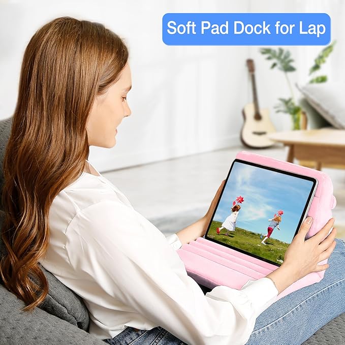 MOSISO Tablet Pillow Stand,Soft Tablet Holder for Lap,Tablet Soft Pad Dock with Pockets&Stylus Slot&4 Viewing Angles Compatible with iPad Pro 12.9,11,10.5,9.7,Air Mini 6,5,4,3, E-Reader, Pink