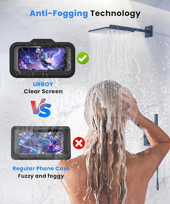 URROY Shower Phone Holder Waterproof One-Touch Open Shower Phone Case Anti-Fog & Sensitive Touchscreen Bathroom Wall Phone Mount Stand Universal Fit for iPhone & Smartphones Gift for Men Women Black