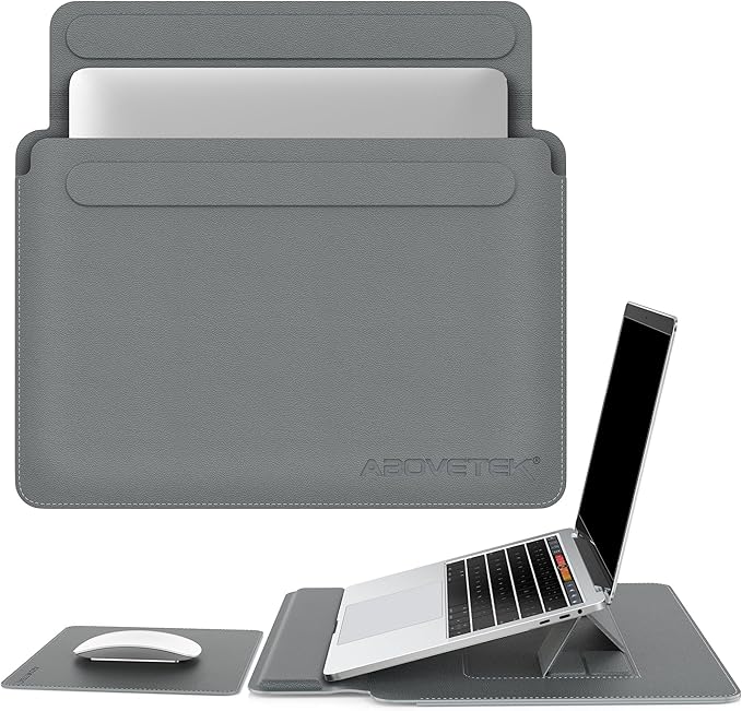 AboveTEK Laptop Sleeve Case for 13-14 inch MacBook Air/Pro, Slim Laptop Case with Stand, Ergonomic Wrist Rest & Mouse Pad, Waterproof Anti-Scratch Leather Bag for 13-14 Surface HP, Grey