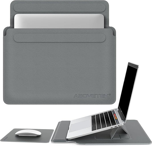 AboveTEK Laptop Sleeve Case for 13-14 inch MacBook Air/Pro, Slim Laptop Case with Stand, Ergonomic Wrist Rest & Mouse Pad, Waterproof Anti-Scratch Leather Bag for 13-14 Surface HP, Grey