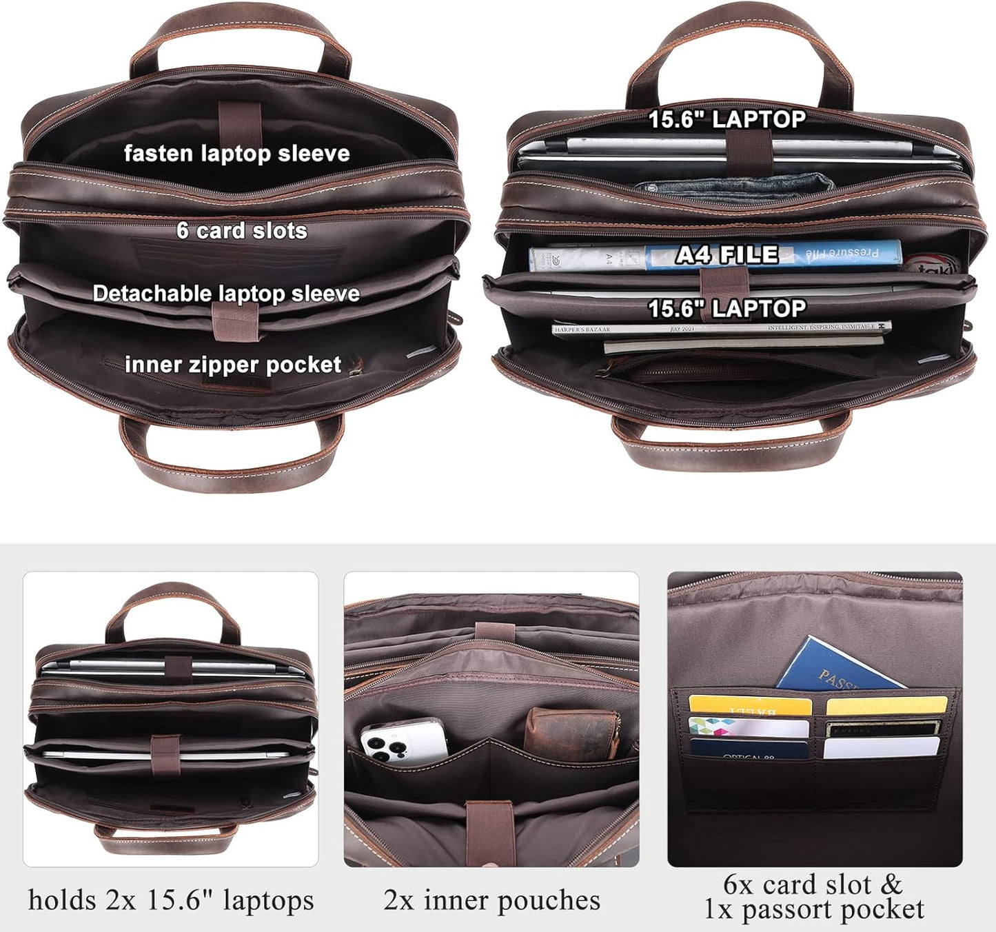 Masa Kawa Leather Briefcase for Men 15.6" - 17" Laptop Computer Case Business Travel Work Messenger Cross Body Shoulder Bag