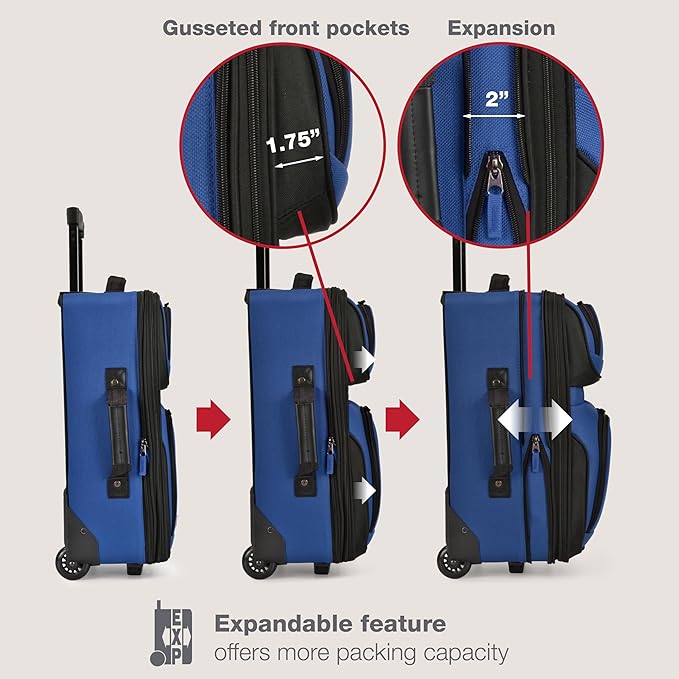 U.S. Traveler Rio Softside Expandable Carry-on Rolling Luggage, Royal Blue, 2 Wheel Set