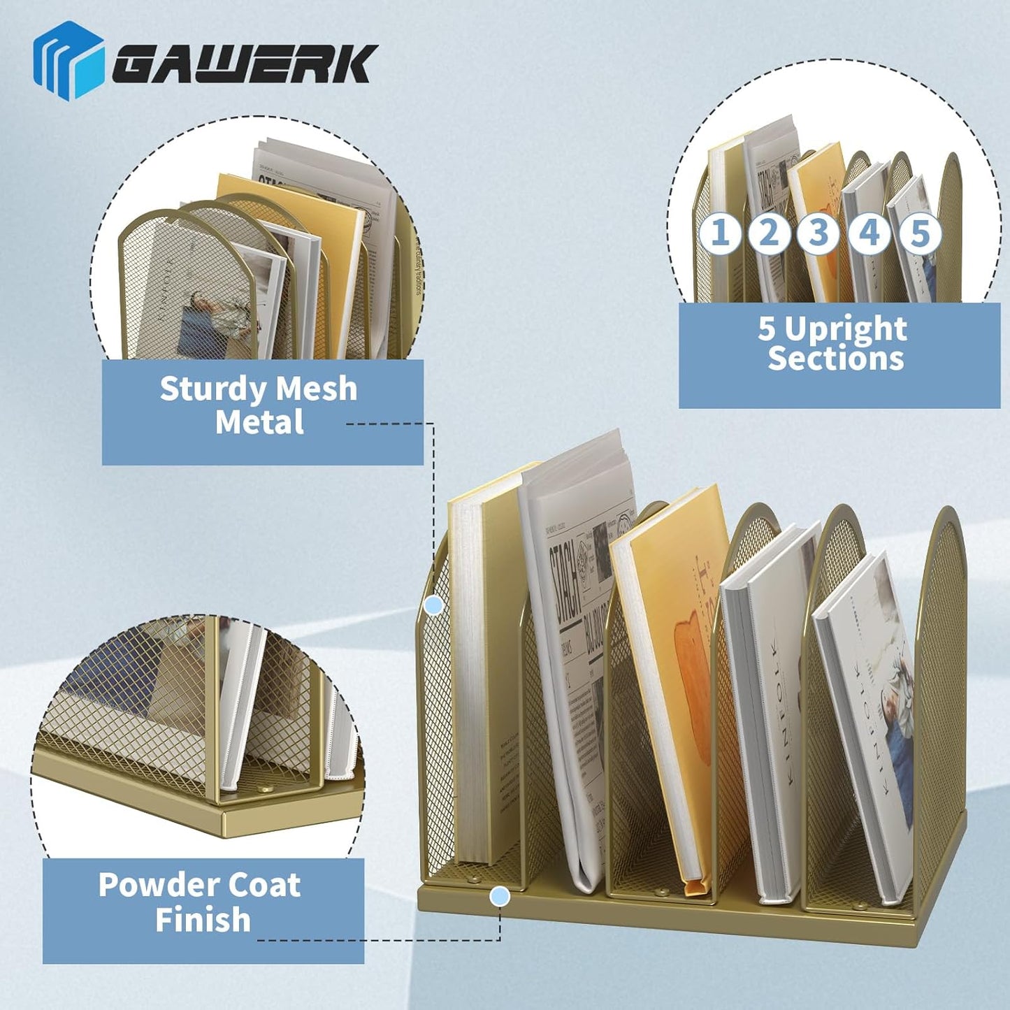 5-Section Vertical Desktop Organizer, 5-Section Mesh File Folder Stand Sorter for Office Home Classroom Organization (1, Gold)