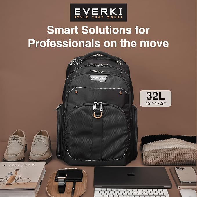 EVERKI 32L Atlas Business Laptop Backpack – Adjustable Compartment for Work, Travel-Friendly Business & Office Backpack for Men & Women, College, Durable Computer Bag, Fits 13"-17.3", Black