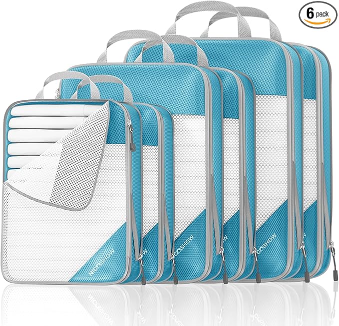 Compression Packing Cubes 6 Set, Compressible Space-Saving Packing Cubes for Travel - Compression Bags, Luggage Organizer, Travel Essentials for Women, Teal