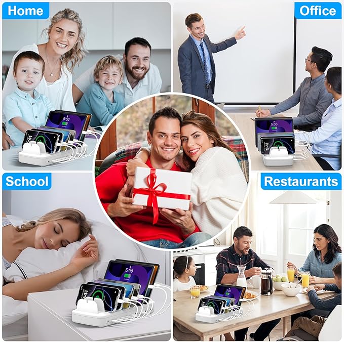 260W Cell Phone Charging Station for Multiple Devices, 10-Port USB C Fast Charger Hub for MacBook, iPhone, Android, iPad, Tablet, Kindle, Family Multi-Device Organizer Charging Dock, White