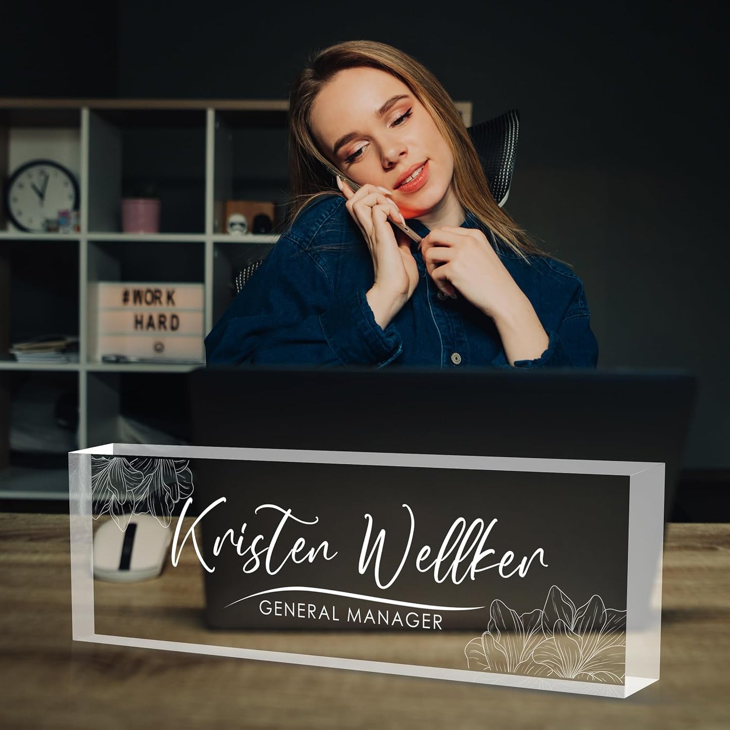 Custom Office Name Plate for Desk, Desk Name Plate Personalized, Personalized Gifts for Women, Appreciation Gifts for Employee Coworkers Boss Teacher, Office Accessories (Engrave Flowers)