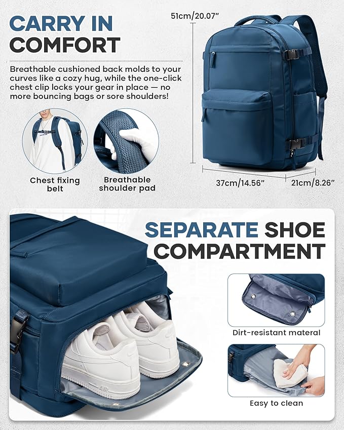 Vacuum Travel Backpack with Pump for Women,Personal Item Carry on Backpacks Flight Approved 18x14x8 inches for Men,Laptop Waterproof Work Compression bags Casual Daypack. Blue.