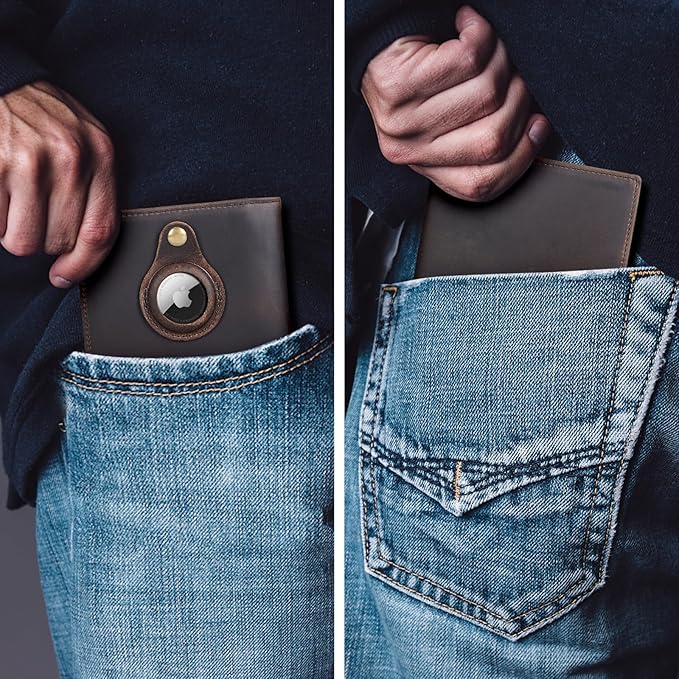 Polare Slim RFID Blocking Leather Passport Holder Travel Bifold Wallet For Men (Dark Brown with AirTag Slot)