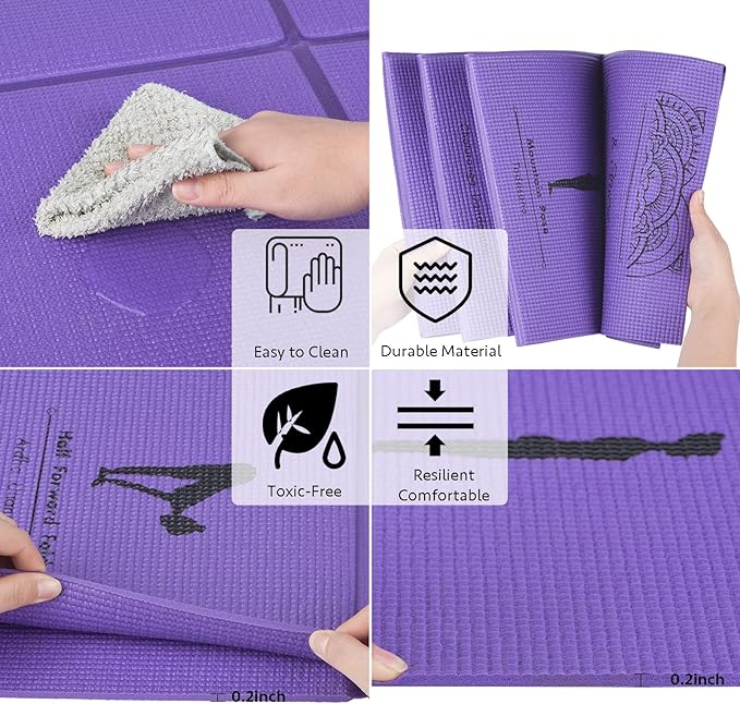 Foldable Yoga Mat for Women, Non Slip Exercise Mat for Home Gym, 5mm Travel Yoga Mats Set With Stretch Strap for Yoga Pilates and Fitness, 68"L x 24"W x 0.2 Inch Thick