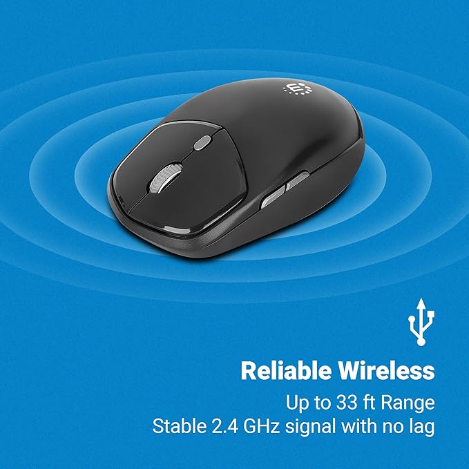 MANHATTAN Wireless Compact Travel Mouse – 2.4 GHz RF, 800/1200/1600 dpi, Six Buttons with Scroll Wheel, USB-A & USB-C 2-in-1 Receiver Dongle – for Laptop, Computer, PC -3 Yr Mfg Warranty–190244
