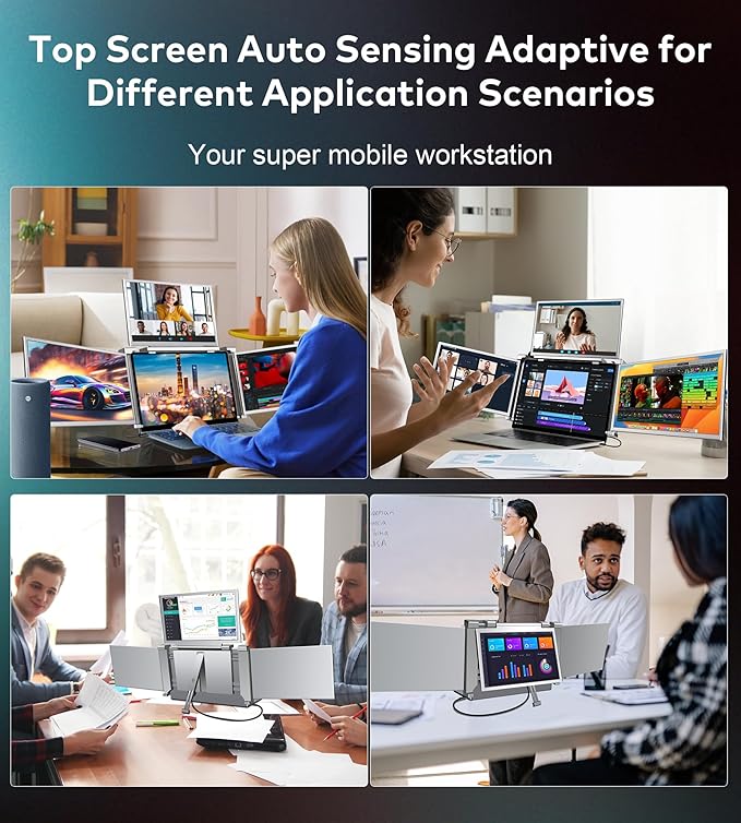 FOPO 14" Laptop Screen Extender Monitor Portable, Quad Monitor, Just 1 Cable for 3 Screens, FHD 1080P IPS Laptop Extender Compatible with Wins/Mac(M1 M2 M3) for 13.6" - 17.3" Laptops