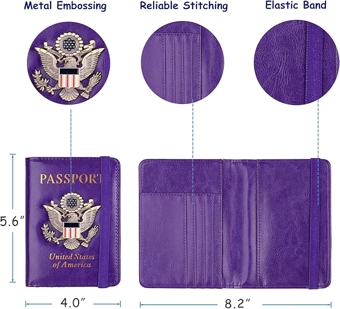 TOURSUIT RFID Blocking Passport Holder for Women Men, Leather Passport Travel Wallet with Metal 3D Metal Badge, Travel Document Holder Cover Accessories (Purple)