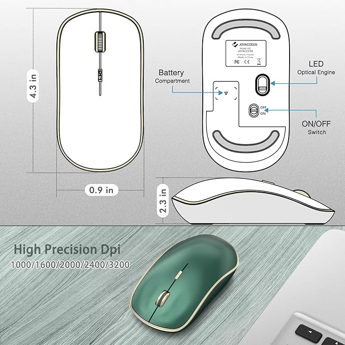 JOYACCESS 2.4G Slim Wireless Silent Mouse, Portable Wireless Computer Mouse with 5 Adjustable DPI Levels, USB Mice for Desktop, Notebook, MacBook, Chromebook, PC (Green)