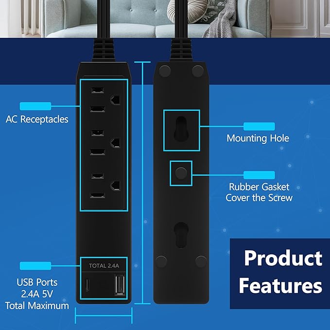 LIDER Outlet Extender with 3 Receptacles, 12W USB Type-A, and USB Type-C, Ultra-Thin Wall Plate Plug with Cord Extender, 3-Outlet Power Strip, Flat-Face, Slim Design, ETL-Listed, 3ft Cord, Black