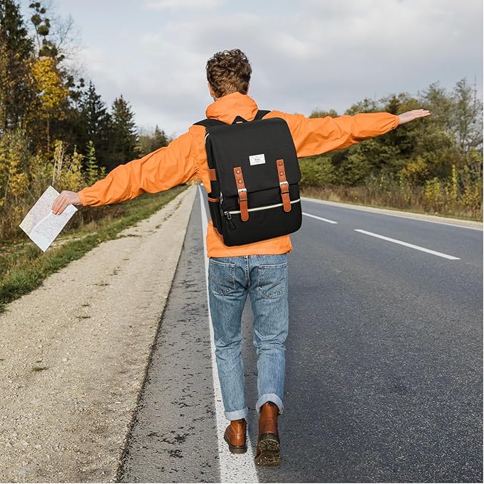 Ronyes Vintage Laptop Backpack for Women Men,15.6 inch Bookbag Casual Daypack with USB Charging Port for College Work, Black Backpacks