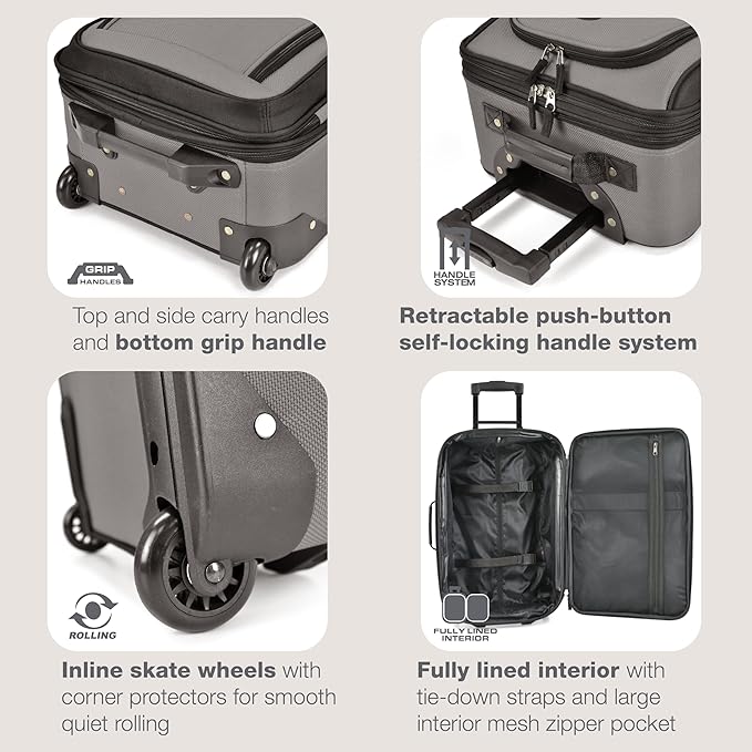 U.S. Traveler Rio Fabric Expandable Carry-on Luggage, Rolling Suitcase, Grey, 2 Wheel Set
