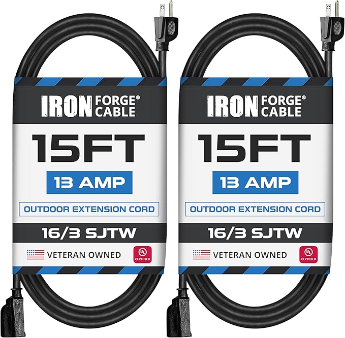 Iron Forge Cable 2 Pack 15 Ft Black Extension Cord, 16/3, 15 Foot Extension Cord, 3 Prong, Weatherproof - Great for Outside Use