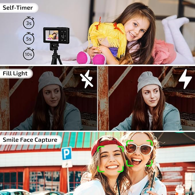 Digital Camera, FHD 4K 44MP Autofocus Point and Shoot Camera with 2.4" LCD 16X Zoom Portable Compact Cheap Camera for Teens Boys Girls Kids Adults (Black)