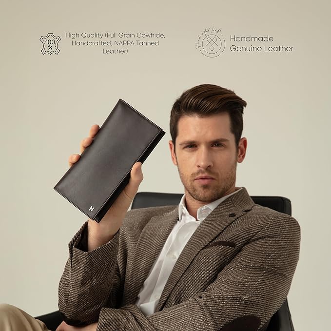 Passport Holder Travel Wallet for Men & Women, RFID Handcrafted Full Grain Leather Cover, 12 Card Slots & 4 Compartments, Gift Box & Pouch, Navy Blue