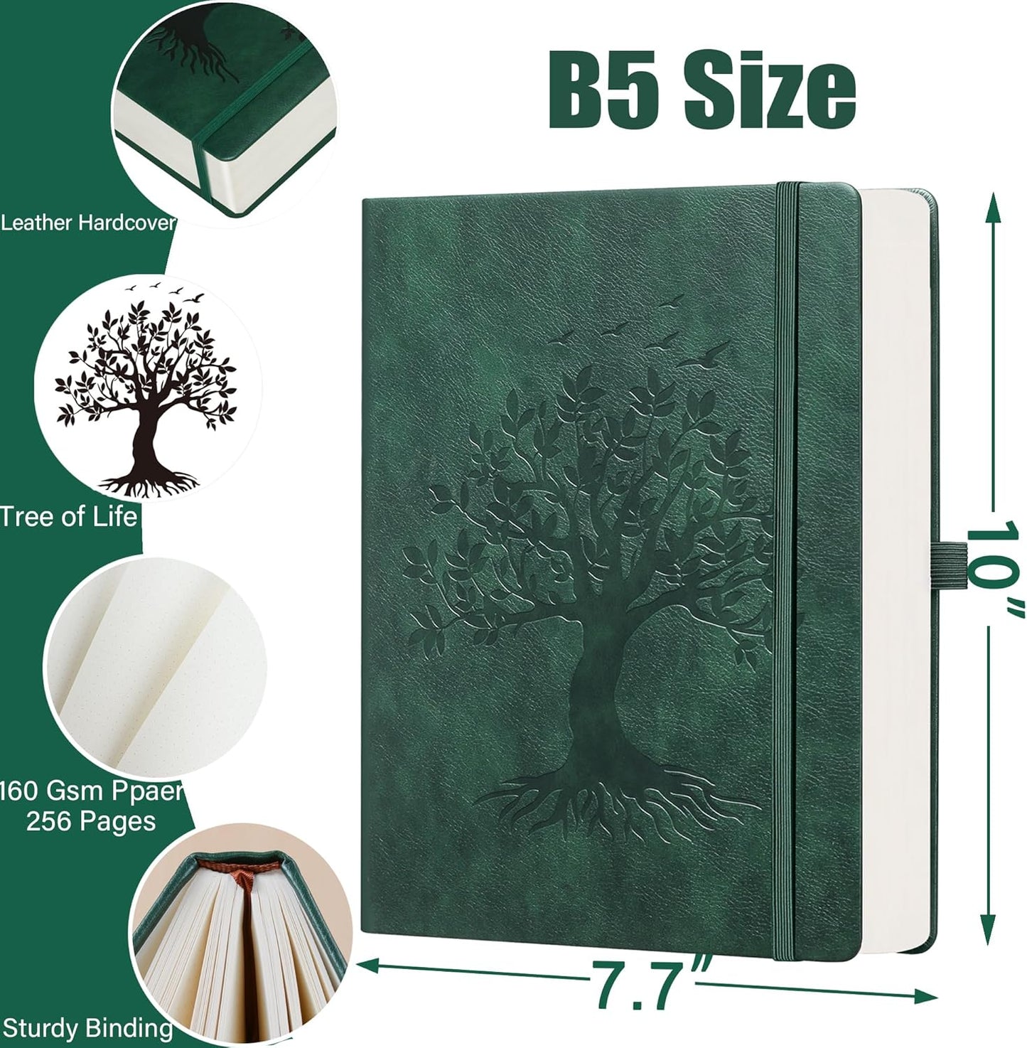 ZXHQ B5 Dotted Journal-150 gsm Thick Paper 256 Pages, Dot Grid Notebook, Tree of Life Design, Fine Inner Pocket - 7.7" × 10" Dark Green