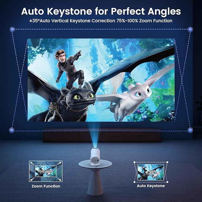 Mini Portable Projector with WiFi and Bluetooth,Support Movie Projector 1080P HD,Auto Keystone Correction,180° Rotatable,Compatible with TV Stick, HDMI, USB, Smartphone, Laptop (White 1)