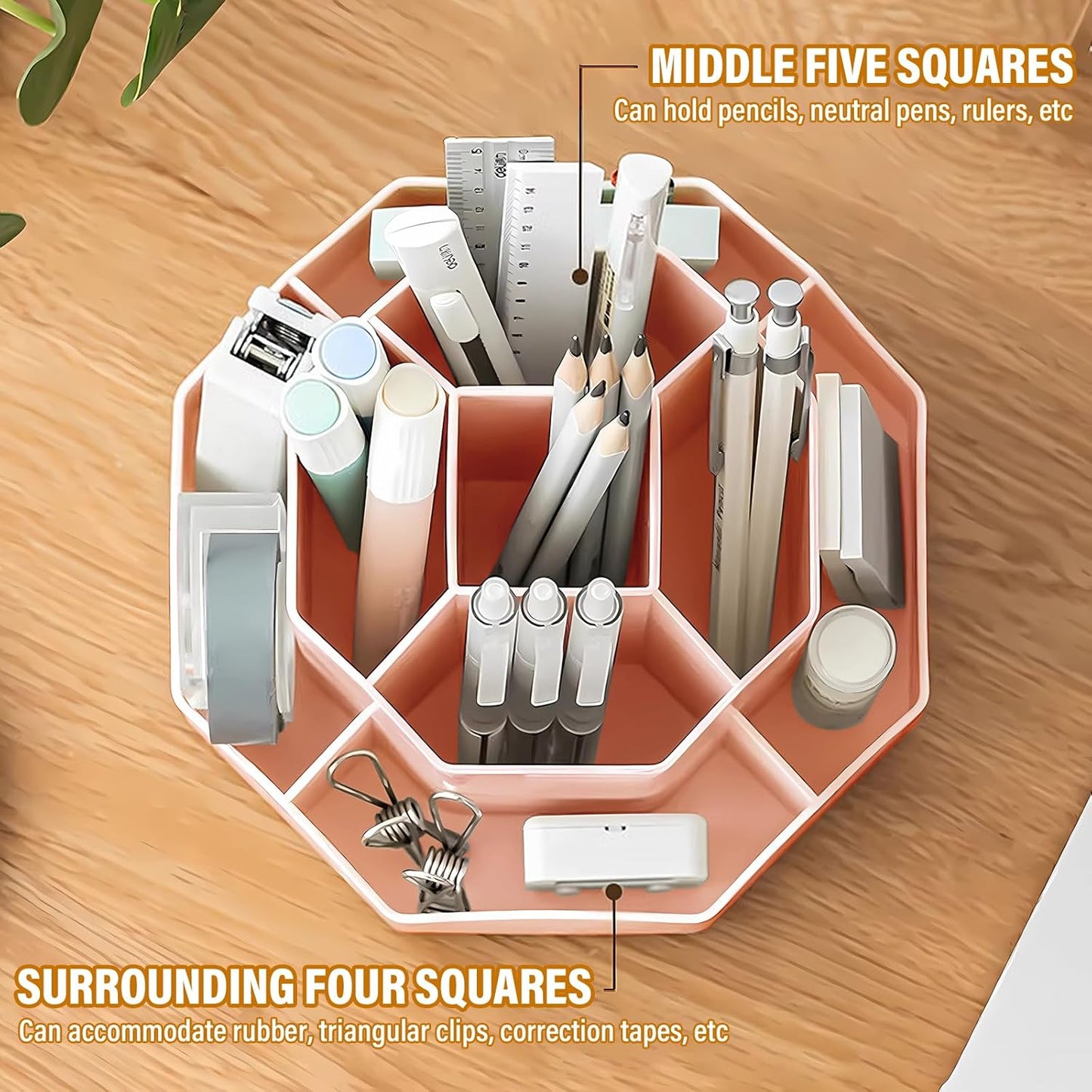 360 Degree Rotation Pen Holder,9 Slots Pencil Holder for Desk,Desk Organizer,Desk Accessories & Workspace Organizers,Apply Office, School, Home（Pink