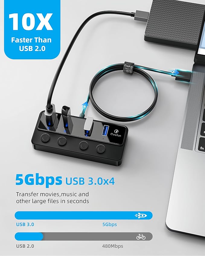 Qeefun 4-Port USB 3.0 Hub, Individual LED Power Switches, Multiport Splitter with 4ft Extension Cable, USB Extender for Laptop, PC, USB Flash Drives, iMac and More