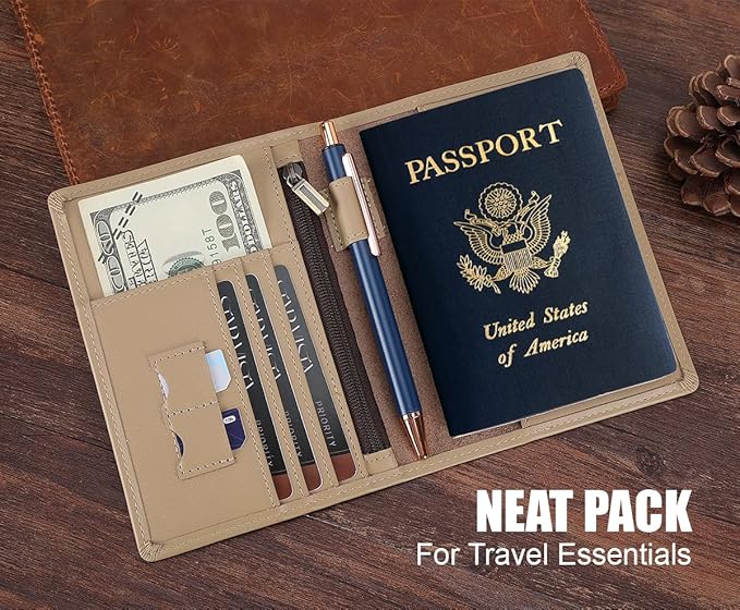 STAR VISTA Phoenix Leather Passport Holder, Calfskin Travel Wallet - RFID Blocking, ID Window, Zipper Pocket, Pen & Notebook Included, Ivory