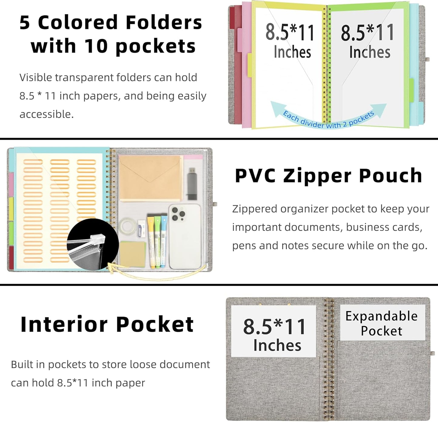 Ospelelf Foldable Spiral Clipboard Folio with Storage Zipper Pouch, 5 Plastic Folders with 10 Pockets,Refillable Lined Notepad (11" x 8.5"), Hardcover Project Organizer with 39 Stickers (Grey)
