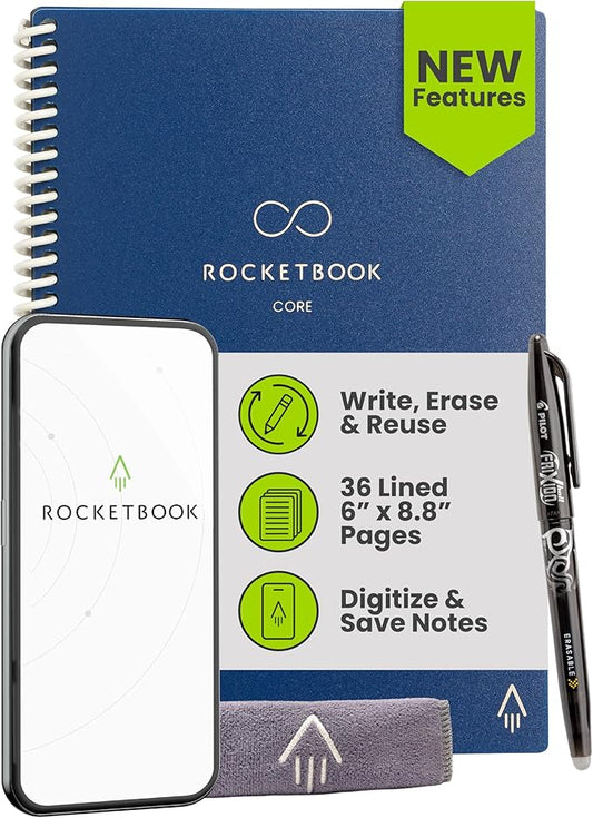 Rocketbook New Core Reusable Spiral Notebook, Executive Size 6x8.8, Navy Blue - Lined Pages, App-Connected, Erasable, Durable Cover, Ideal for School, Work, and Creative Projects