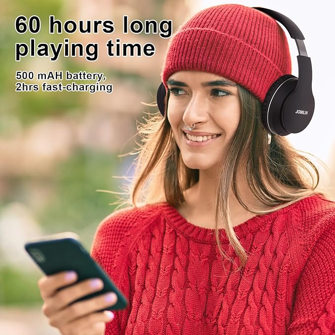 JOMILIN B9 Wireless Headphones Over-Ear, 60 Hours Playtime Lightweight Folding Hi-fi Stereo Bass Bluetooth Headset with Mic, Volume Control Headphones for iPad/Travel/Tablet/PC (Black)