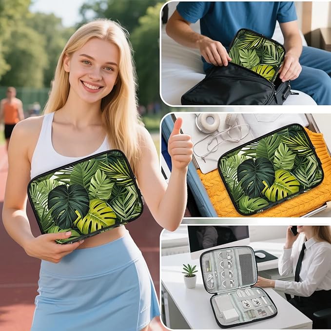 Tropical Leaves Jungle Electronics Travel Organizer Case, Tech Accessories Cable Storage Bag for Cords, Charger, Phone, Hard Drive