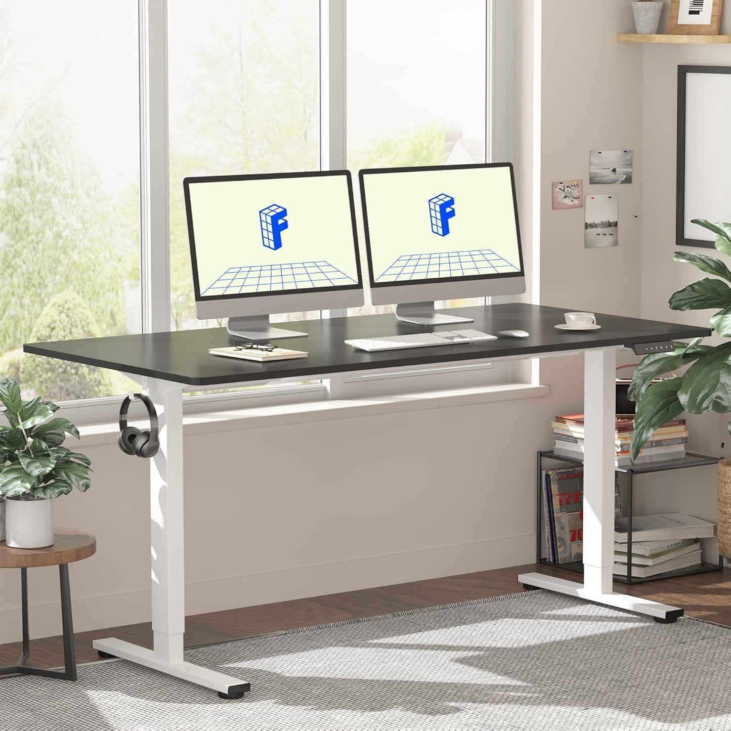 FLEXISPOT EN1 One Piece Standing Desk, 55 x 28 Inch Desktop Electric Adjustable Height Desk for Home Office and Computer Workstation (White Frame + Black Top, 2 Packages)