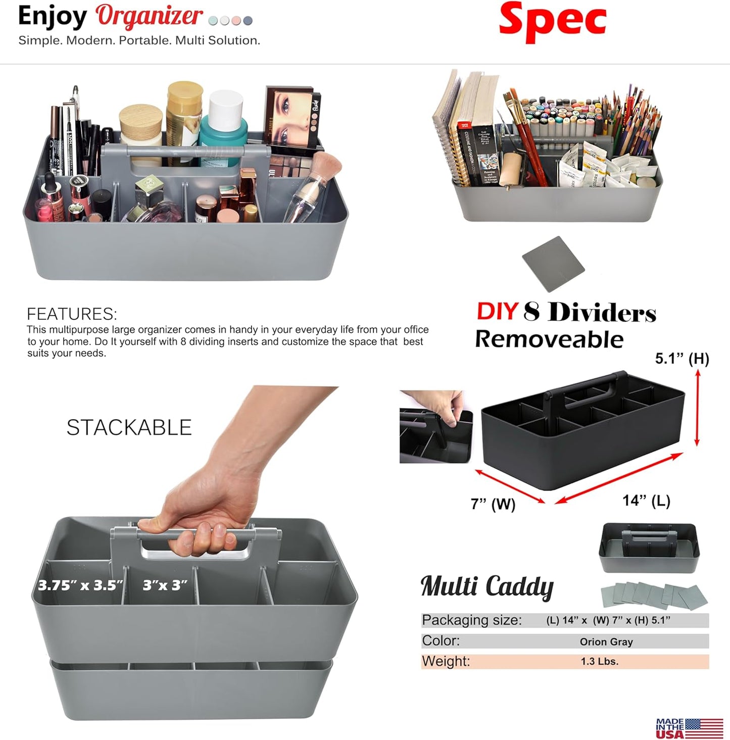 Portable Caddy Organizer - Stackable Plastic Caddy with Handle | Desk, Makeup, Dorm Caddy, Classroom Art Organizers (Made In Usa) (Ivory/Gray/Royal Purple/Black)