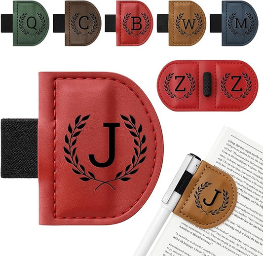 Personalized Bygone Mark Bookmark with Pen Holder,Engraving Leather Magnetic Bookmarks Vintage 26 Letters Name Initials Text Book Marker Clips Gifts for Reading Book Lovers Women (Red, J)