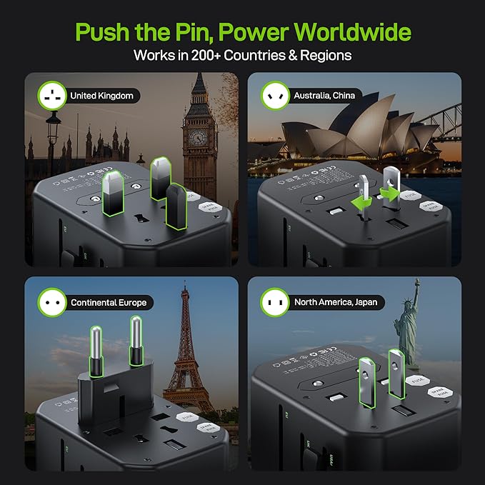 EPICKA Pulse 45W European Travel Plug Adapter, Universal Power Adapter with PD Fast Charging, 5-Port (1 AC/2 USB-A/2 USB-C) International Charger Adapter for Europe, Japan - Travel Essentials (Black)