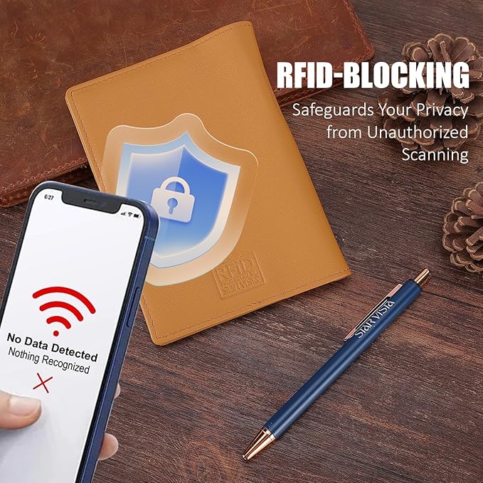 STAR VISTA Phoenix Leather Passport Holder, Calfskin Leather Travel Wallet - RFID Blocking, ID Window, Zipper Pocket, Pen & Notebook Included, AirTag Holder, Honey