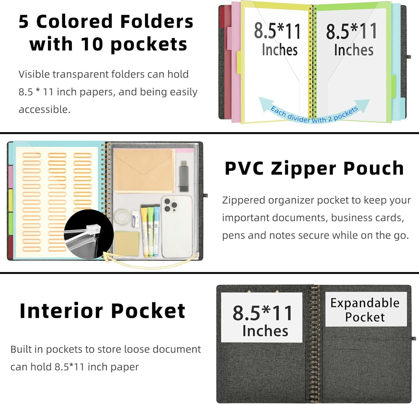 Ospelelf Foldable Spiral Clipboard Folio with Storage Zipper Pouch, 5 Plastic Folders with 10 Pockets,Refillable Lined Notepad (11" x 8.5"), Hardcover Project Organizer with 39 Stickers (Dark Grey)