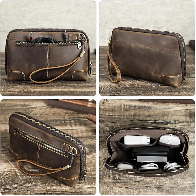 Top Grain Leather Text Custom Electronic Organizer Zipper Bag Tech Pouch, Handmade, Portable Compact Travel Storage Cases for Phone, USB Cables, Power Banks, Chargers, Hard Drive