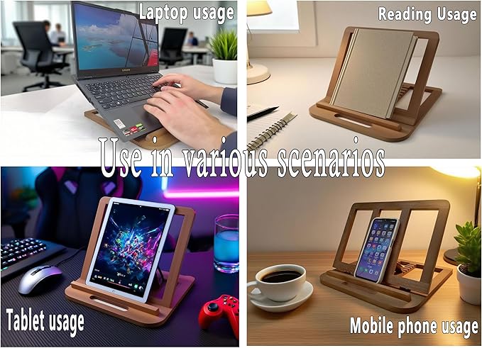 Wooden Laptop Stand for Desk & Wood - Style Laptop Stand, Foldable and Adjustable Ergonomic Notebook, Book, Phone & Tablet Stand, 6 - Gear Angle Adjustment, Cooling for 10-15.6 Inch