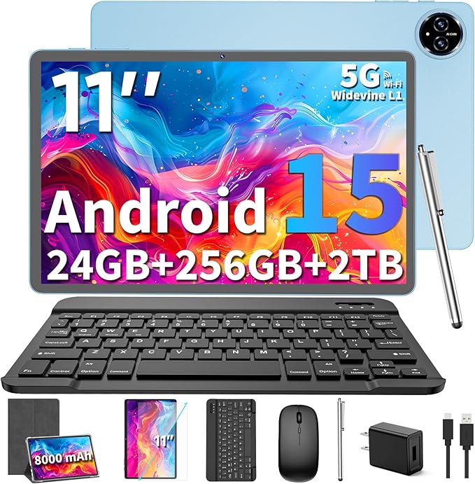 Android 15 Tablet, 2025 Upgraded 11 inch Android Tablets with Keyboard, 24GB+256GB+2TB Expand, Support Face Unlock+18W Fast Charging, Octa-Core CPU,Dual WiFi, Dual Camera,8000mAh Battery, Silver