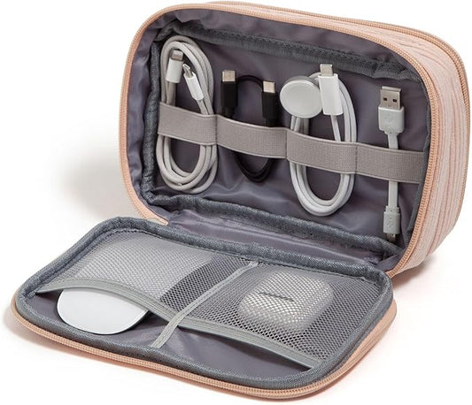 U Brands Dual Zip Corduroy Travel Electronics Organizer, Tech Carry Case, Portable Travel Bag, Cord Storage, 8" x 5.25" x 2.5", Dusty Rose Pink