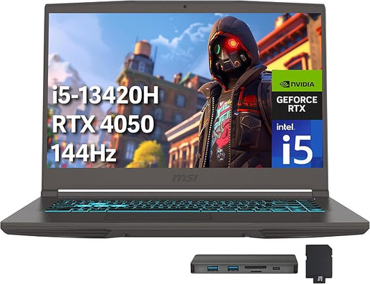 msi Thin 15 15.6" FHD 144Hz Gaming Laptop, Intel i5-13420H, NVIDIA GeForce RTX 4050, 32GB DDR4 RAM, 1TB PCIe SSD, Backlit Keyboard, Wi-Fi 6E, HD Camera, Win 11, Gray, 256GB Docking Station Set
