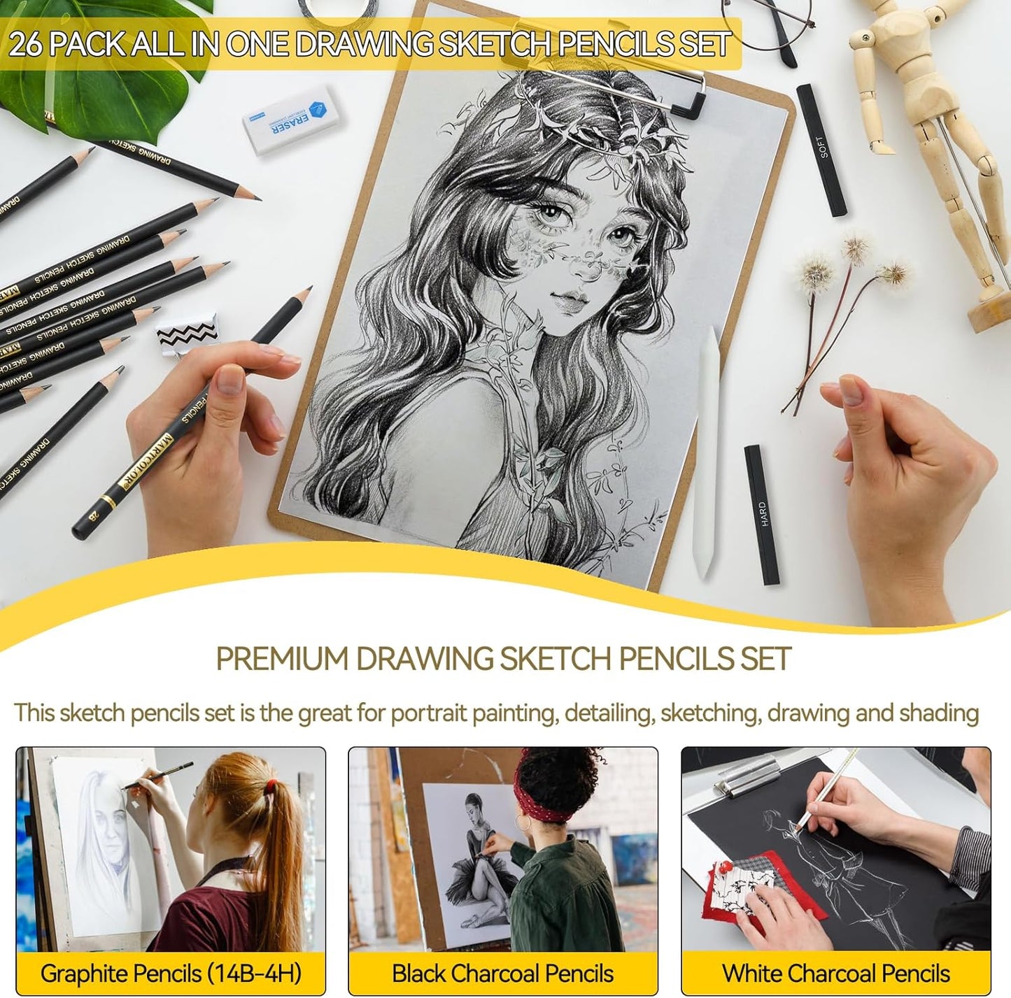 Drawing Sketching Pencil Set, 26 Pieces, Graphite Pencils (14B-4H), Charcoal Pencils, Charcoal Sticks, Blending Stump, Eraser, Sharpeners, Artist Pencils for Beginners & Pro Artists