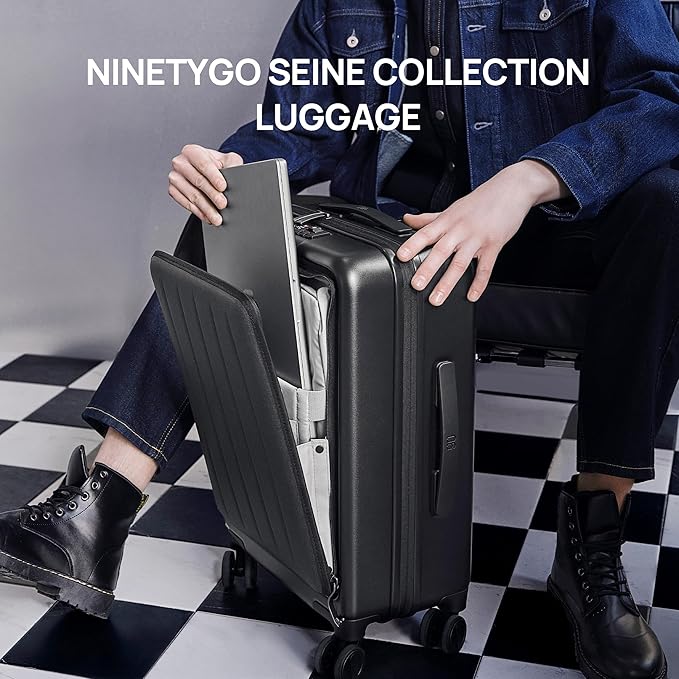 NINETYGO Carry on Luggage 22X14X9 Airline Approved with Front Laptop Pocket, 20 Inch Luggage with Front Compartment, Expandable, Double Spinner Wheels, Hardsided PC, TSA Lock (Cool Grey, Seine Max)