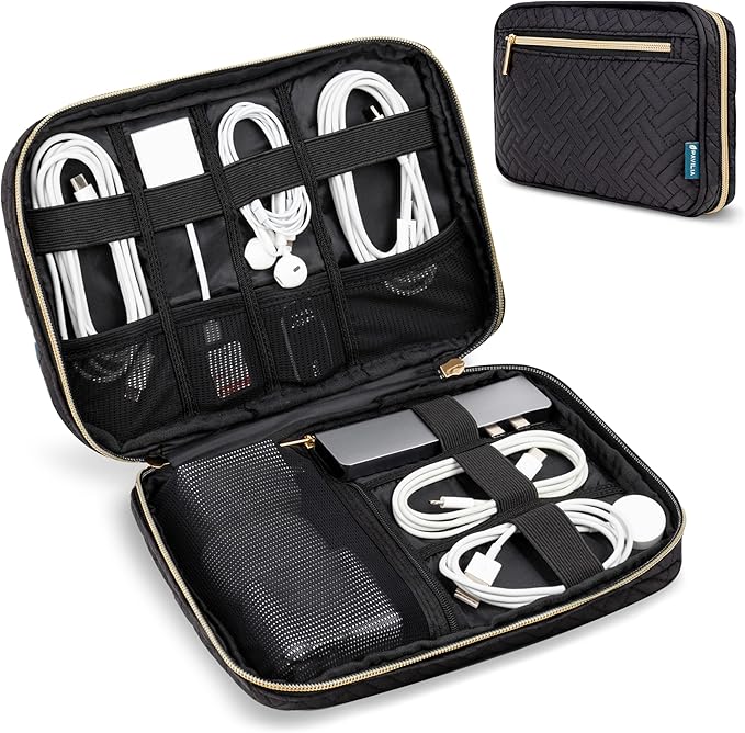 Pavilia Tech Organizer Case - Electronic & Cable Organizer, Small Charger Pouch, Black Quilted Travel Accessory