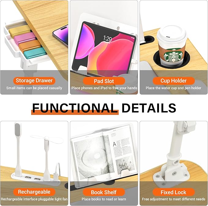 Laptop Bed Desk Height Adjustable, Bed Laptop Table with USB/Storage Drawer/Cup Holder/Tablet Stand/Book Shelf, Foldable Breakfast Tray Portable for Reading Writing, Bed, Sofa & Floor, Wood